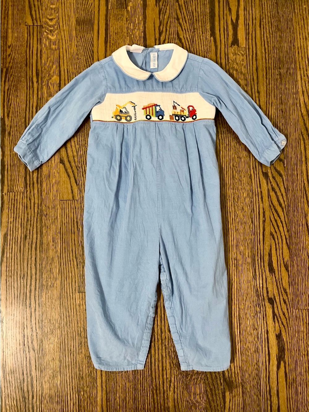 Vive La Fête Light Blue Smocked Baby Romper with Trucks